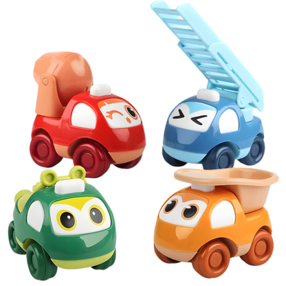 Close-up of a blue push-and-go toy truck, child's hand pushing, promotes motor skills for toddlers.