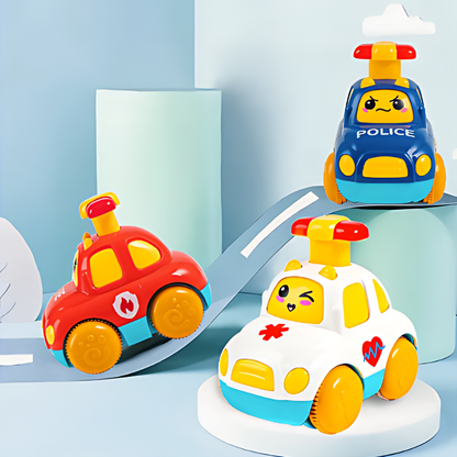 Toddler push-and-go vehicle toys, 3-pack, fostering motor skills with colorful educational cars.