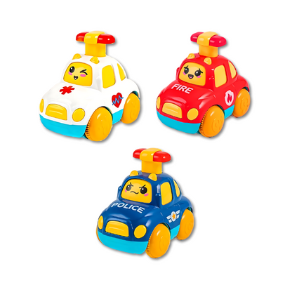 Toddler toy car set, 3 colorful push vehicles for kids' play, ideal for developing motor skills.