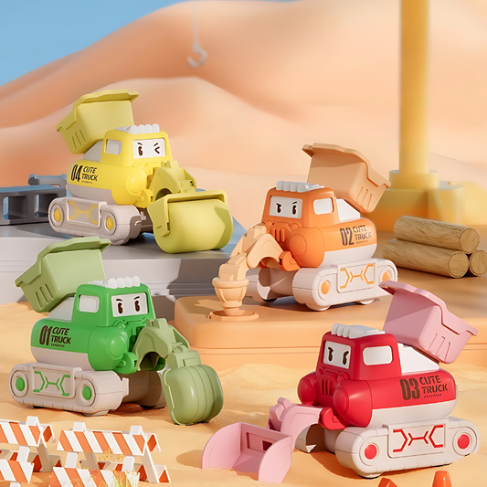 Toddler push & go construction vehicle toy set, excavator with large wheels, promoting motor skills.
