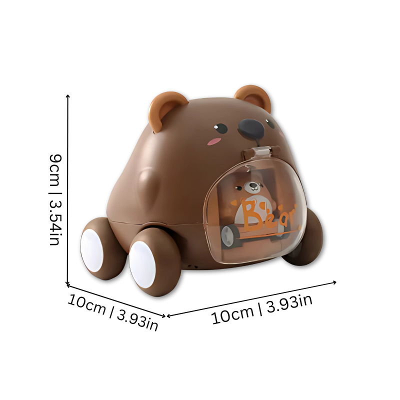 Close-up of a child's hand gripping an educational animal racer toy for motor skills and play.