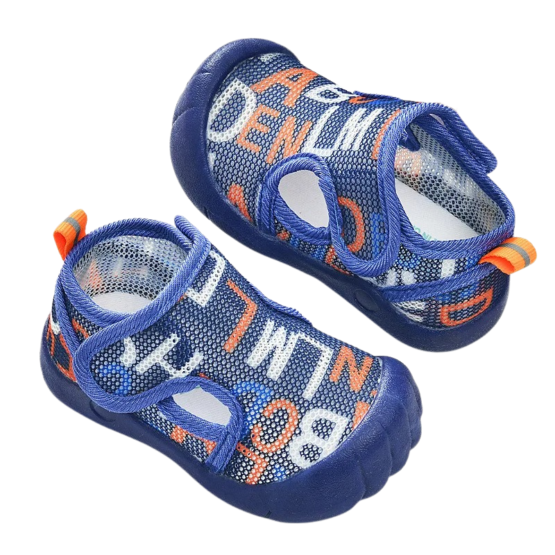 Toddler's feet in quick-dry aqua shoes, showcasing the comfortable fit and toe protection
