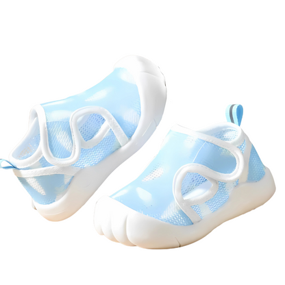 Top-down view of vibrant quick-dry baby footwear, essential for water activities and summer fun