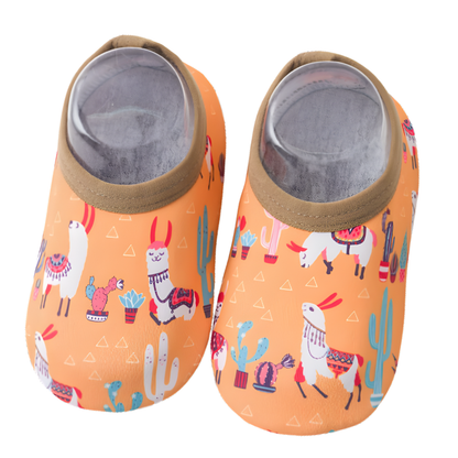Close-up of animal print kids' water shoes with durable grip sole and quick-dry fabric