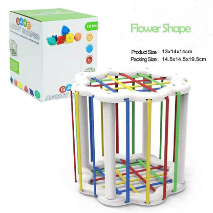 Detailed shot of a rainbow-colored block fitting into the shape sorter. Fine motor skill toy.