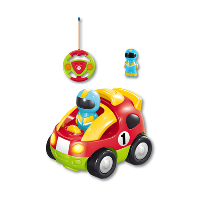 Child playing with a durable toddler RC car, showcasing flashing lights and engaging sound features