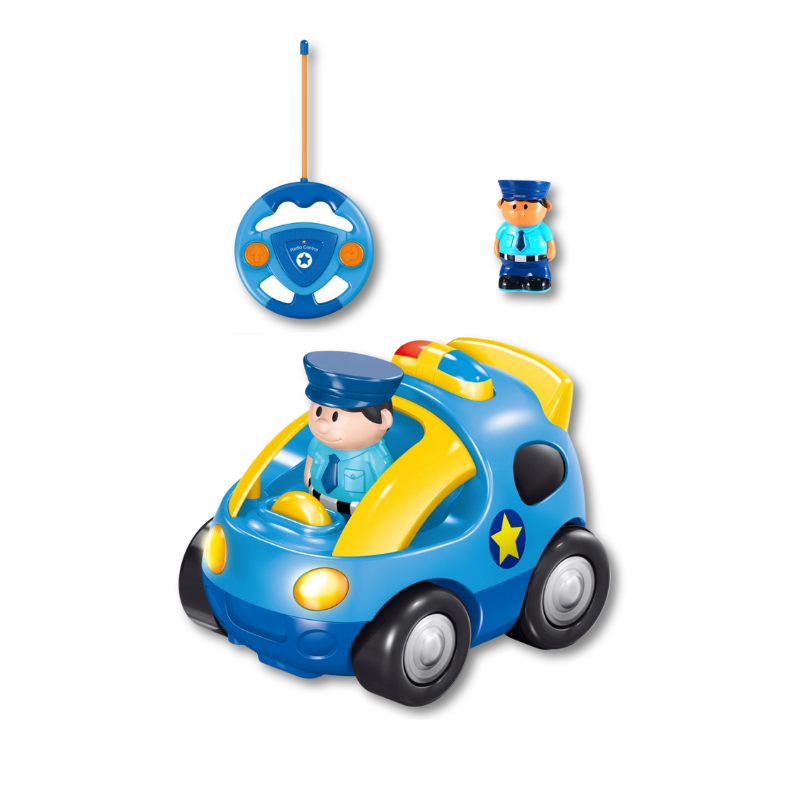 Close-up of a toddler remote control car, highlighting its detailed design, lights, and sound capabilities