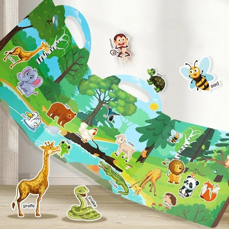 Toddler reusable sticker activity book with farm animals, enhancing creative play and vocabulary.