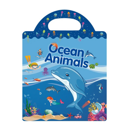 Portable sticker book with various themed pages, perfect for children's learning and activity.