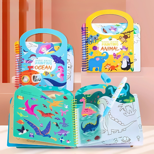 Toddler reusable water coloring book, mess-free fun with water activated pages, educational travel toy.