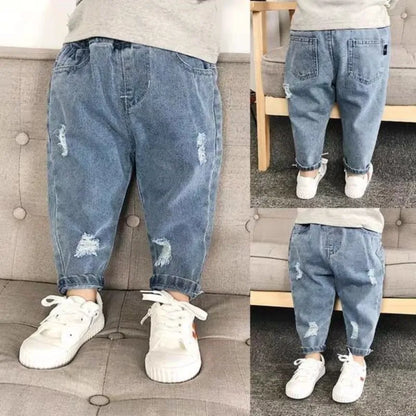 Toddler ripped denim jeans for boys & girls, elastic waist, stylish kids casual pants