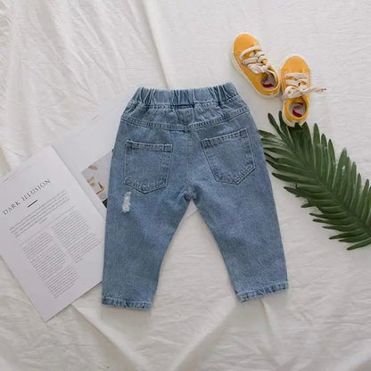 Toddler casual pants: ripped denim jeans with a soft elastic waistband