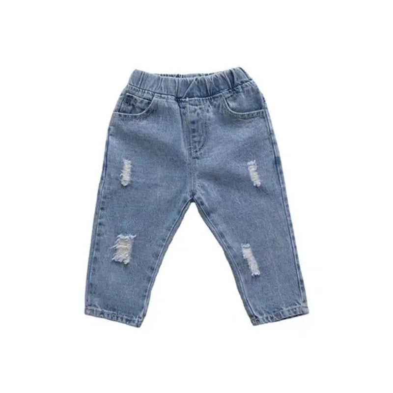 Pair of toddler ripped denim jeans with elastic waistband, versatile kids clothing