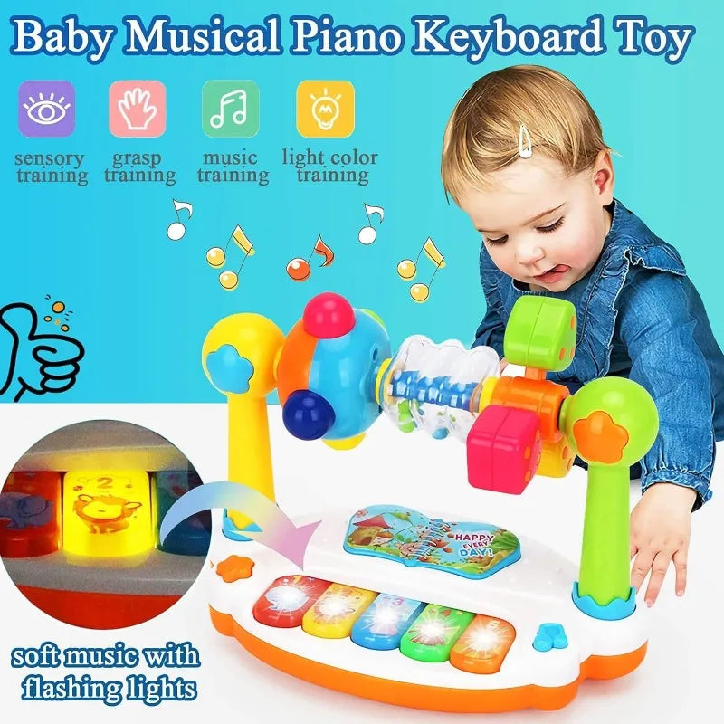 Child's hand reaching for keys on a rotating music piano, sensory and educational toddler toy