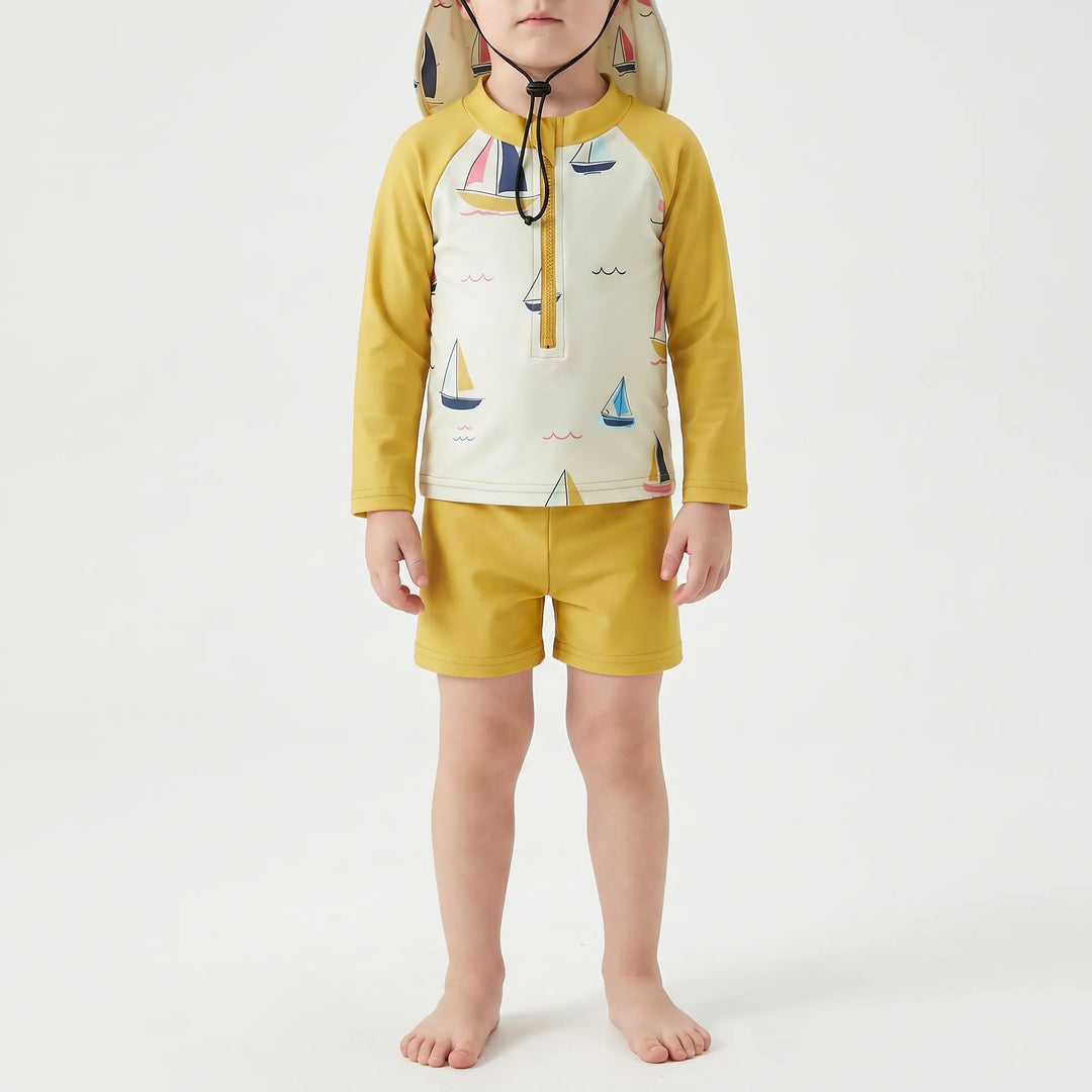 Kids' long-sleeve sun protection swim top, matching shorts, and hat. Perfect baby swim outfit for summer fun & safety.