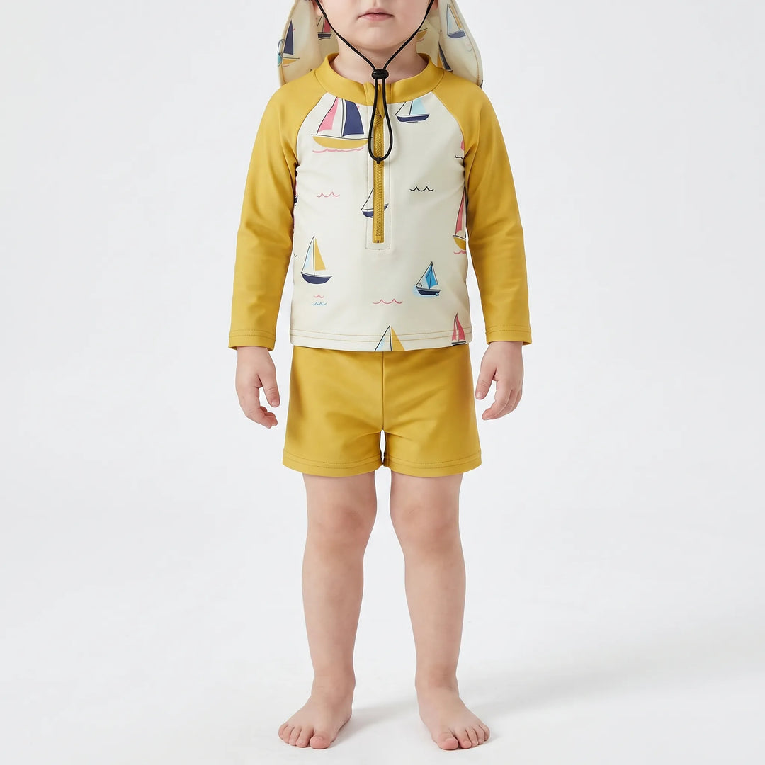 Stylish 3-piece baby swim set: long-sleeve top, quick-dry shorts, and sun hat. Essential vacation wear for sun safety.