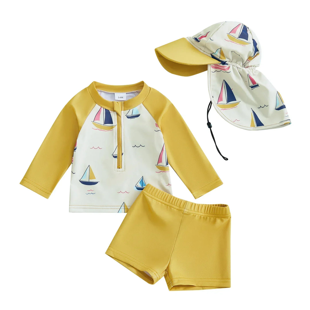 Durable toddler long-sleeve sun protection swim top, shorts, and hat. Ideal kids beach outfit for sunny pool days.