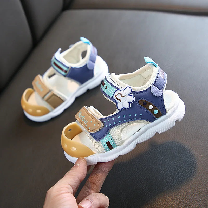 Close-up of children's colorful summer sandals, ideal for water activities
