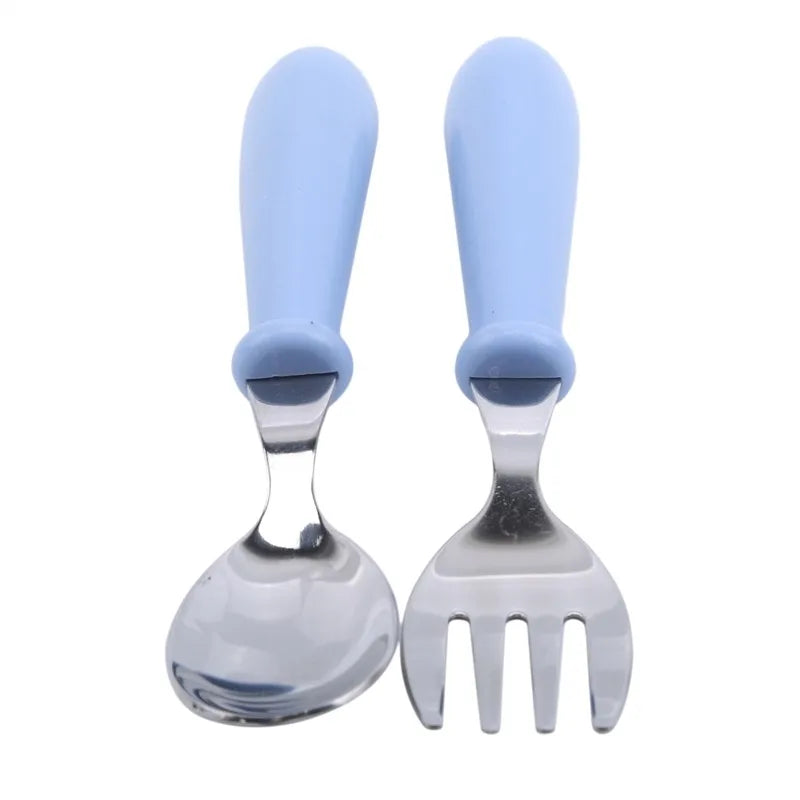 Engaging blue toddler dinnerware set made of stainless steel. Cartoon characters encourage baby feeding.