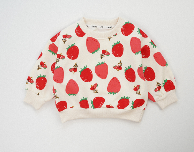Toddler's cozy cotton strawberry print crewneck sweater, front view, for winter wear