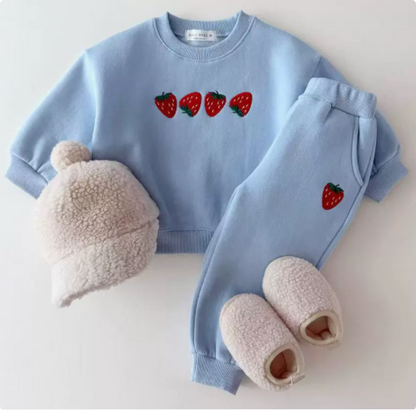 Unisex kids' cotton sweater with vibrant strawberry print, perfect for cozy winter fashion