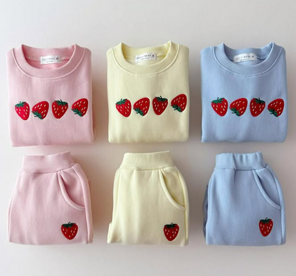Back view of a cozy toddler's cotton strawberry crewneck sweater, baby & toddler clothing
