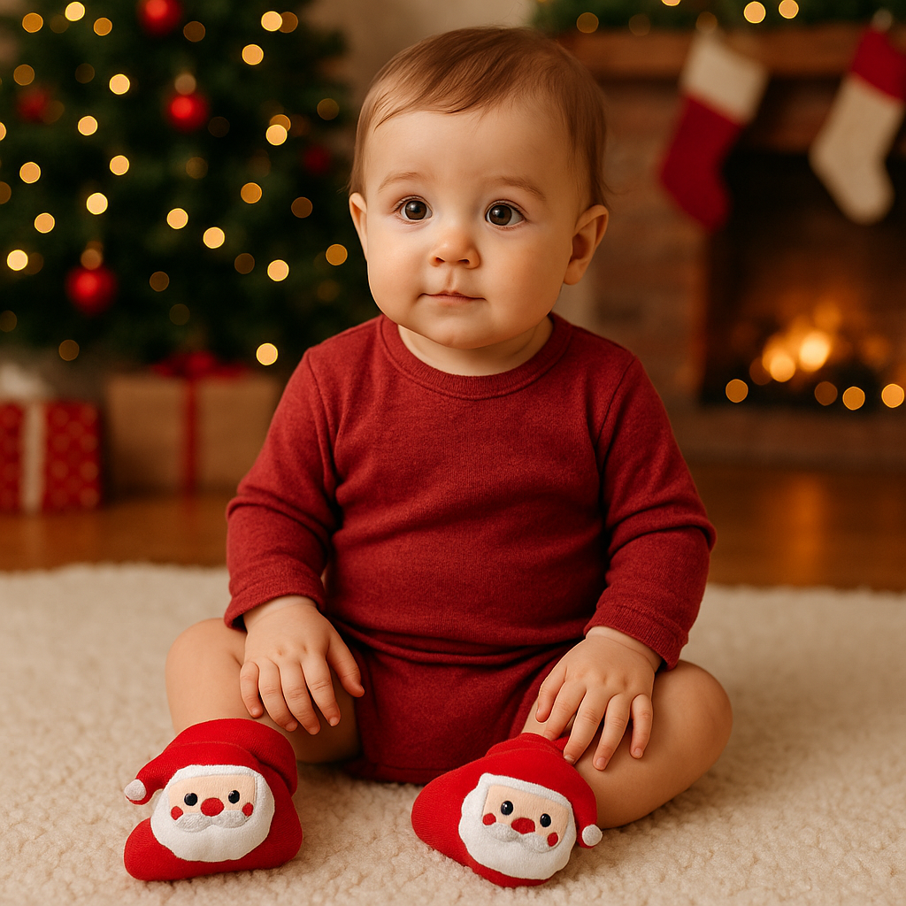 Red and white toddler Christmas socks with grip, showcasing a cute Santa design, ideal for winter.