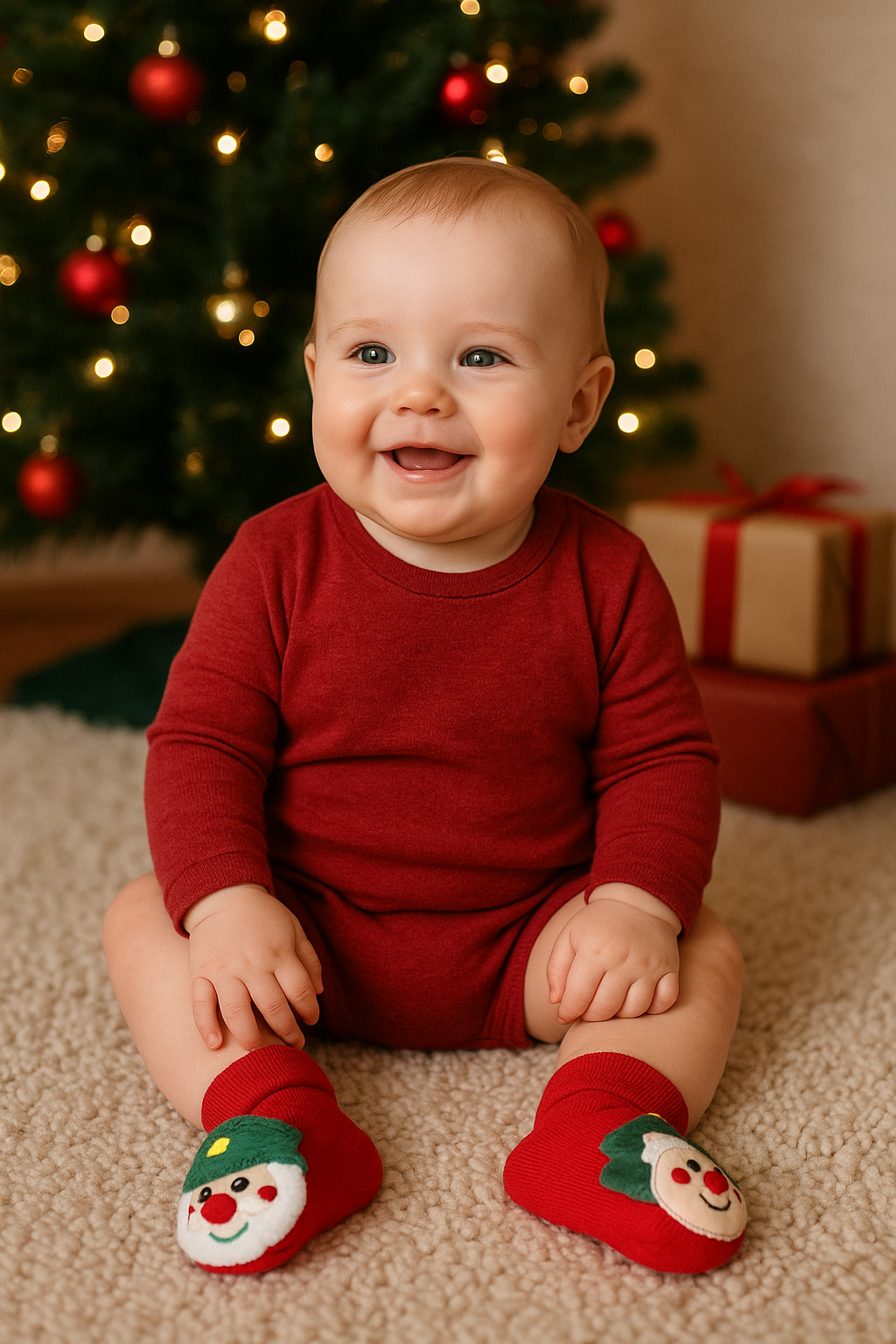 Comfortable cotton blend toddler Christmas socks, red with a joyful Santa design, kids apparel.