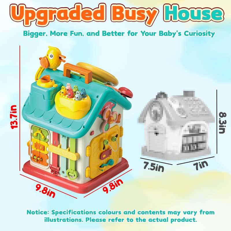 Montessori-inspired busy house with interactive features for toddlers