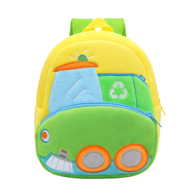 Toddler cartoon engineering vehicle backpack with adjustable straps, ideal for kids 2-4