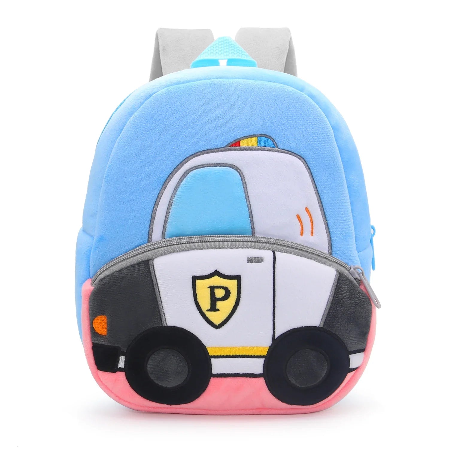 Plush blue fire engine backpack for kids, designed for comfort and durability for ages 2-4