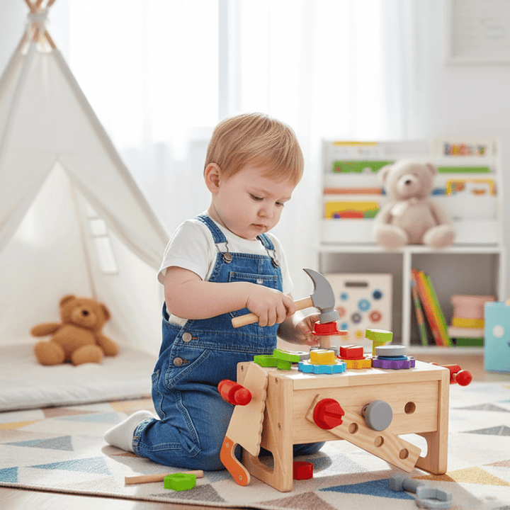 Toddler's wooden activity toolbox toy, a fun building set for fine motor skills & creative play.