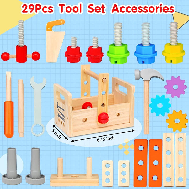 Kids wooden construction toolbox toy. Educational building set for toddlers, enhancing fine motor skills.
