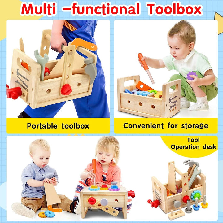 Wooden activity toolbox, an educational toddler gift. Building set develops fine motor skills & creative play.