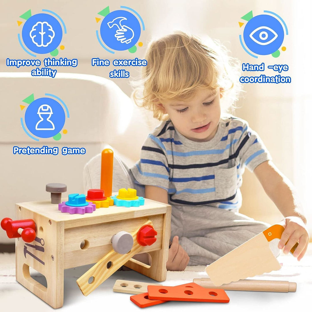 Colorful wooden activity toolbox for toddlers, with building tools and blocks for creative construction.