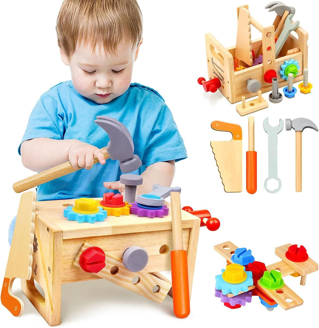 Engaging wooden building toy for toddlers. Activity toolbox playset to develop fine motor skills & creative construction.