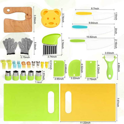 Montessori kids kitchen utensil set, 28-piece, for toddlers learning to cut and cook safely