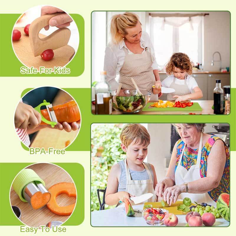 Pretend play kids kitchen set featuring 28 safe cooking tools and child-friendly knives for toddlers