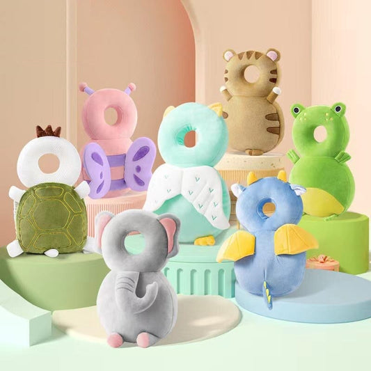 Toddler safety head protection backpack with cute animal design, soft cushion for fall impact.