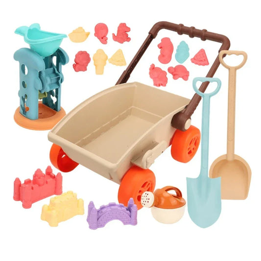 Toddler Sand Play Beach Cart Toy Set with rake, shovel, molds, and bucket for educational summer fun