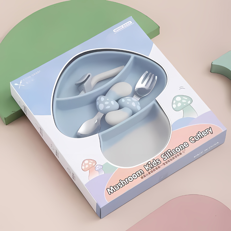 Set of three toddler self-feeding suction plates (green, blue, pink), silicone & non-slip for kids' meals