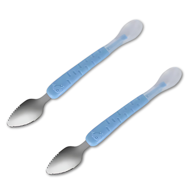 Close-up of a toddler self-feeding spoon, designed for easy scooping and gentle on gums