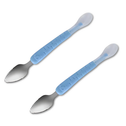 Close-up of a toddler self-feeding spoon, designed for easy scooping and gentle on gums