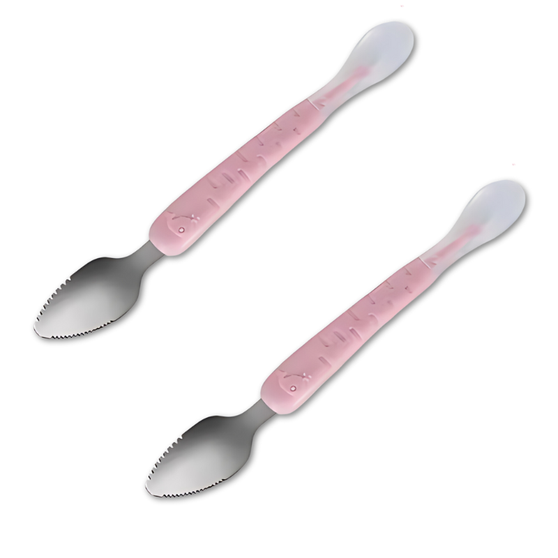 Child's hand holding a self-feeding spoon, showing ergonomic handle for comfortable grip