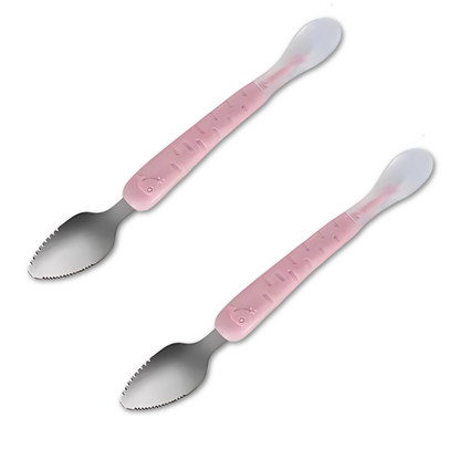 Child's hand holding a self-feeding spoon, showing ergonomic handle for comfortable grip