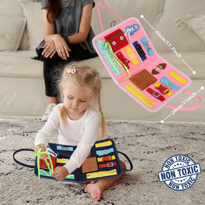 Toddler sensory busy board with colorful buckles and zippers for fine motor skill development.