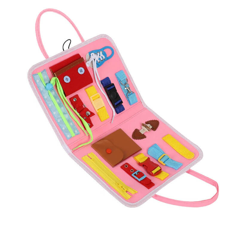 Compact travel toy: a multi-activity toddler sensory board with zippers and buttons.