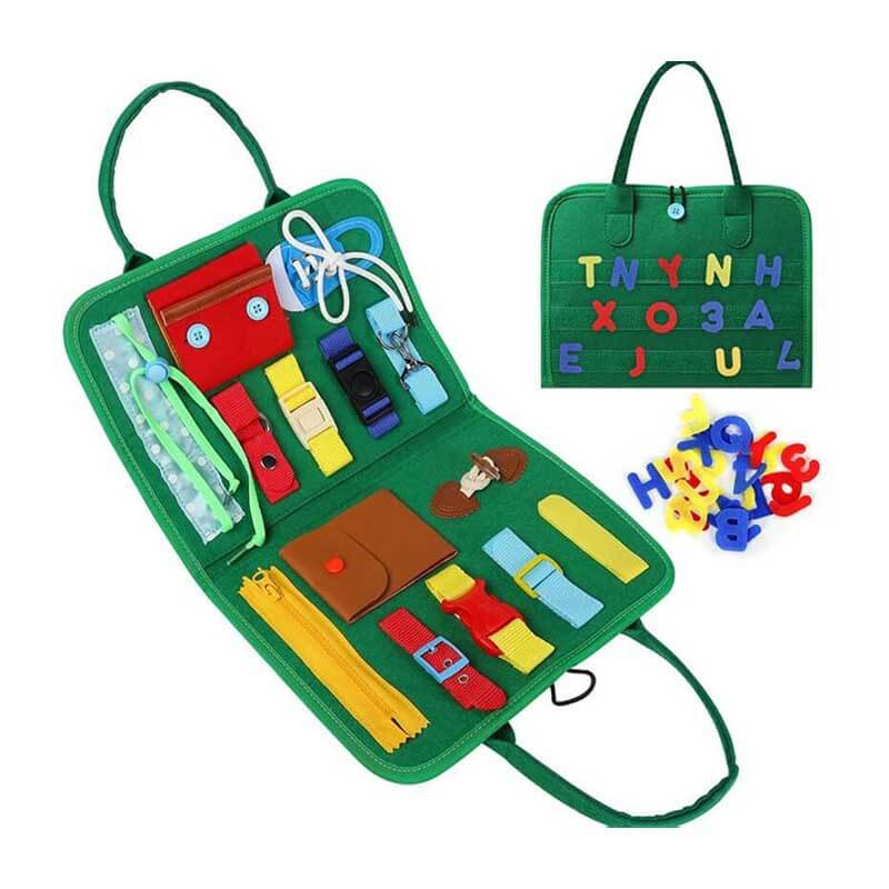 Kids' educational busy board, showcasing a range of fine motor challenges and learning elements.