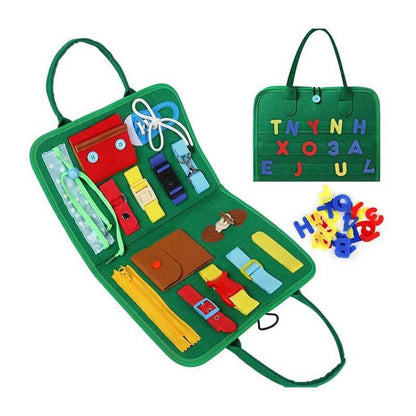 Kids' educational busy board, showcasing a range of fine motor challenges and learning elements.