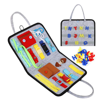 Toddler sensory busy board, an engaging Montessori toy for enhancing problem-solving abilities.